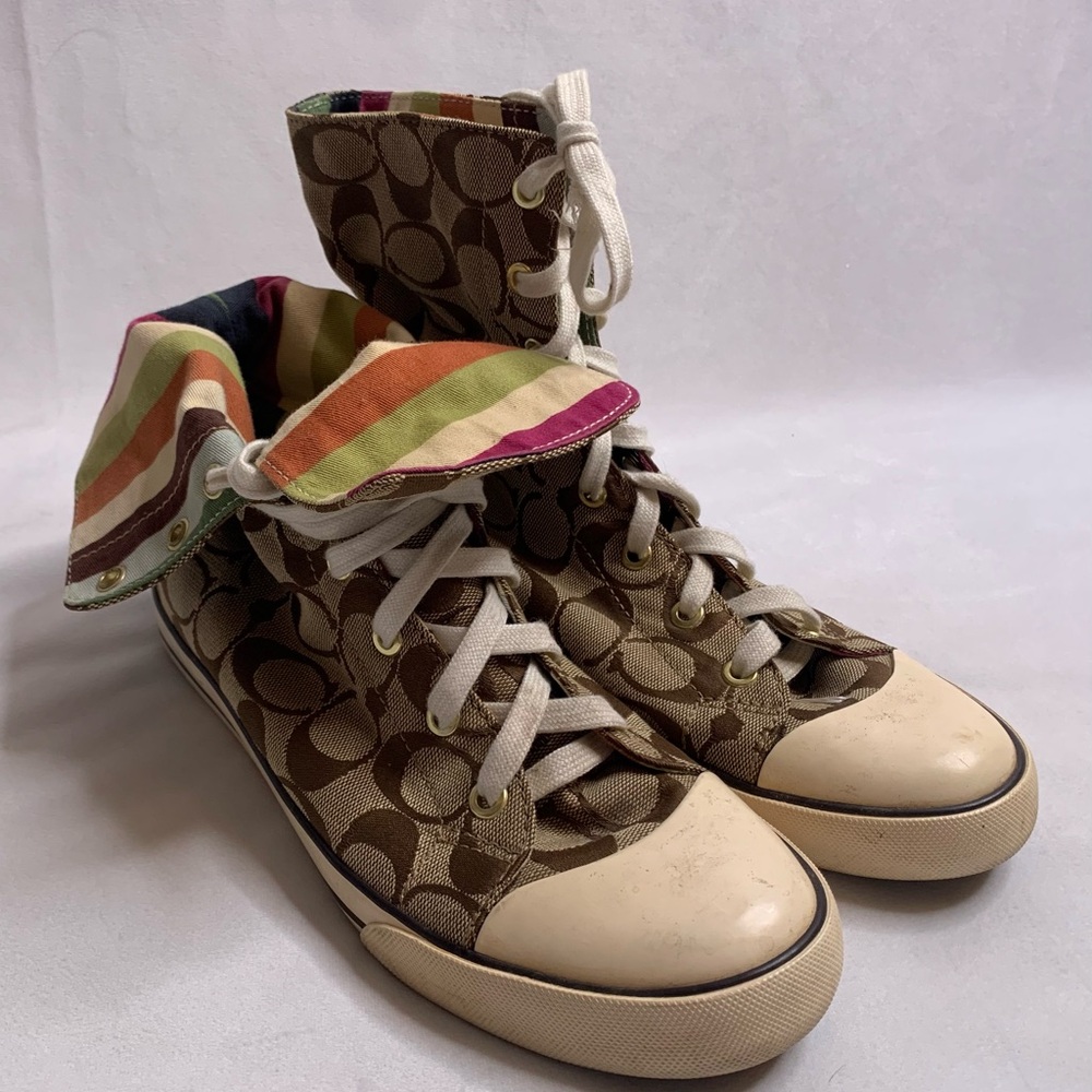 Coach Bonney High fold down Signature print brown with multi stripes W9 M7.5 Y2K